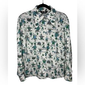 VTG 60s 70s Jack Winter Clown Print Carnival Long Sleeve Button Up Wearable Art